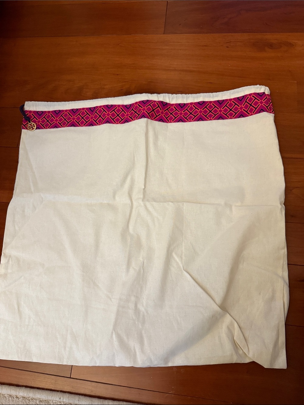 Tory Burch White Canvas Dust Bag with Pink Patterned Trim